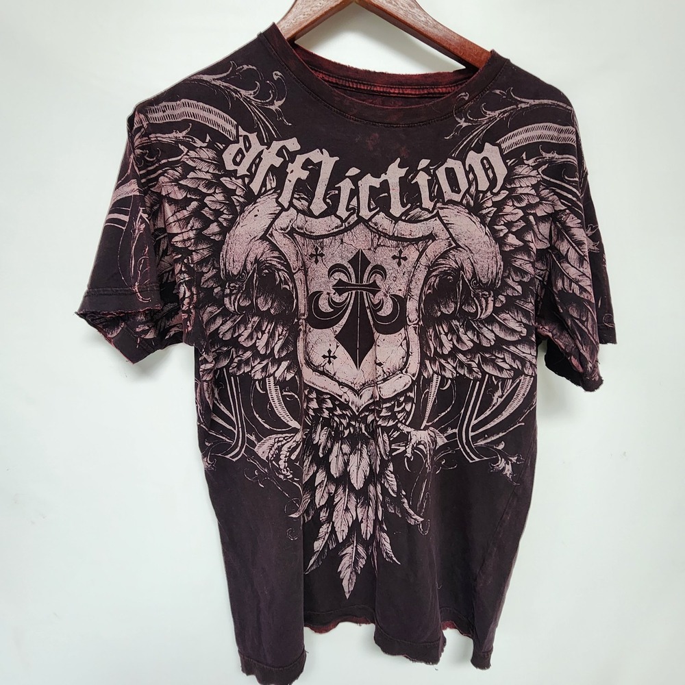 Affliction Y2K REVERSIBLE All Over Print Deep Burgundy‎ Black Shield Mens Med